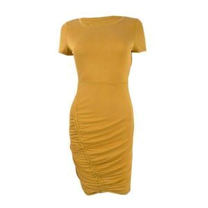 Ultra Flirt Womens Yellow Ruched Round Neck Pullover Casual Shirt Dress Sz Small